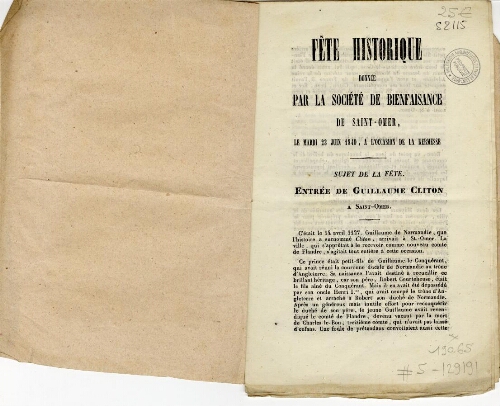 Fête historique donnée par la société de bienfaisance de Saint-Omer, le Mardi 23 Juin 1840, à l'occasion de la kermesse