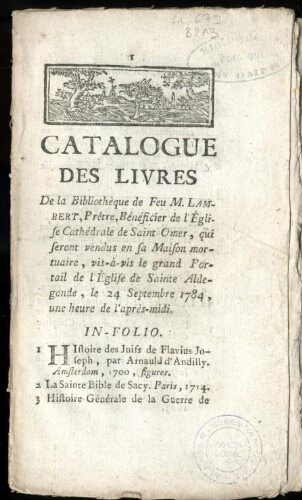 Catalogue des livres de la bibliothèque de feu M. Lambert