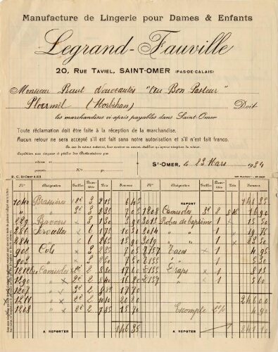 Facture de la manufacture de lingerie Legrand-Fauville, à Saint-Omer