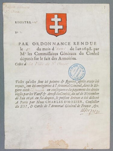 Brevet d’enregistrement des armoiries de la ville de Saint-Omer