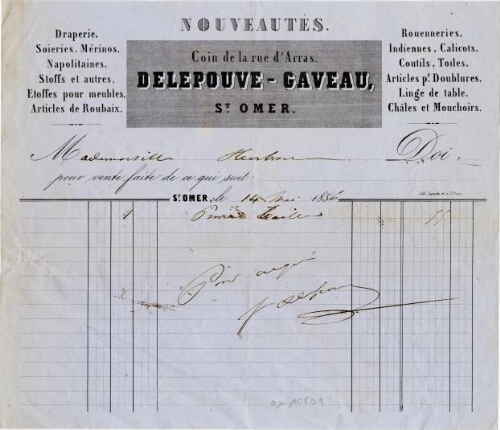 Facture du commerce Delepouve-Gaveau, à Saint-Omer