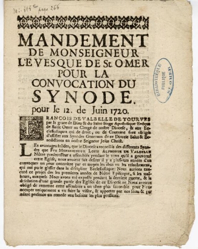 Mandement de Monseigneur l'évesque de St Omer pour la convocation du synode. Pour le 12. de juin 1720
